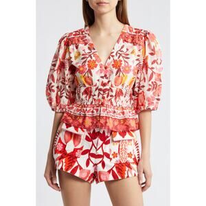 Farm Rio 'Romantic Orchard' White Cotton Puff Sleeve V Neck Top Size S